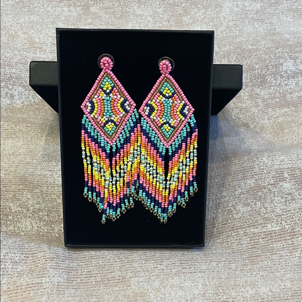 Handmade Multicolor Beaded Fringe Earrings - Pink, Yellow & Blue